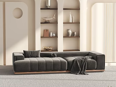 Modern Sectional Sofa In Living Room With Gray Velvet Upholstery Cushions And Throw Blanket 3d model