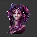 Fantasy Female Character Bust With Purple Hair Flower Decorations And Glowing Orbs