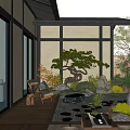 Japanese Style Courtyard Garden With Wooden Structure Large Windows Pine Tree Stones And Outdoor Seating