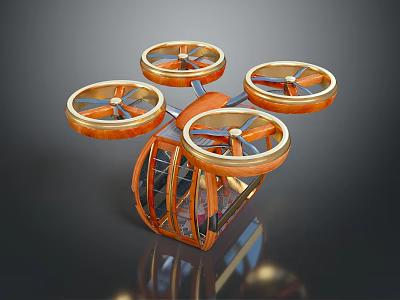 Modern Orange Cube Drone With Four Gold Propellers And Transparent Cabin 3d model