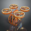 Modern Orange Cube Drone With Four Gold Propellers And Transparent Cabin