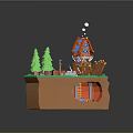 Cartoon Scene With Red And Blue House Green Trees Wooden Logs Ladder And Grassy Base