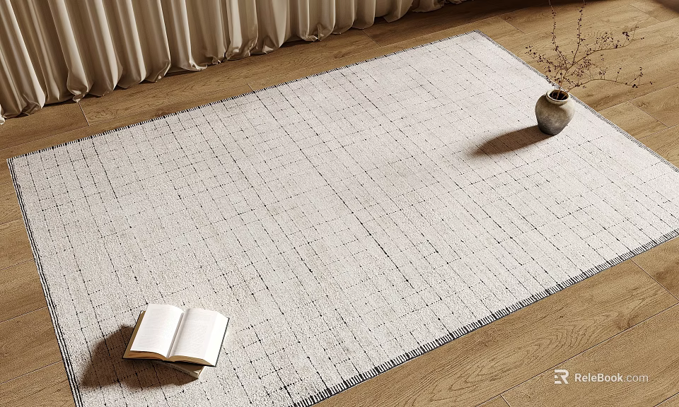 Light Square Rug With Grid Pattern On Wooden Floor Featuring Open Book And Vase 3d model