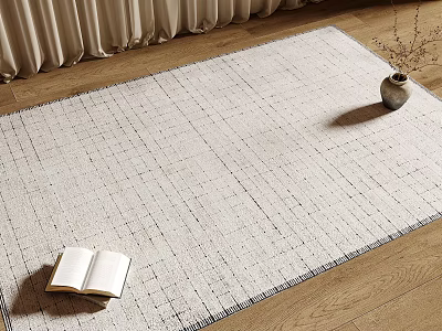 Light Square Rug With Grid Pattern On Wooden Floor Featuring Open Book And Vase 3d model