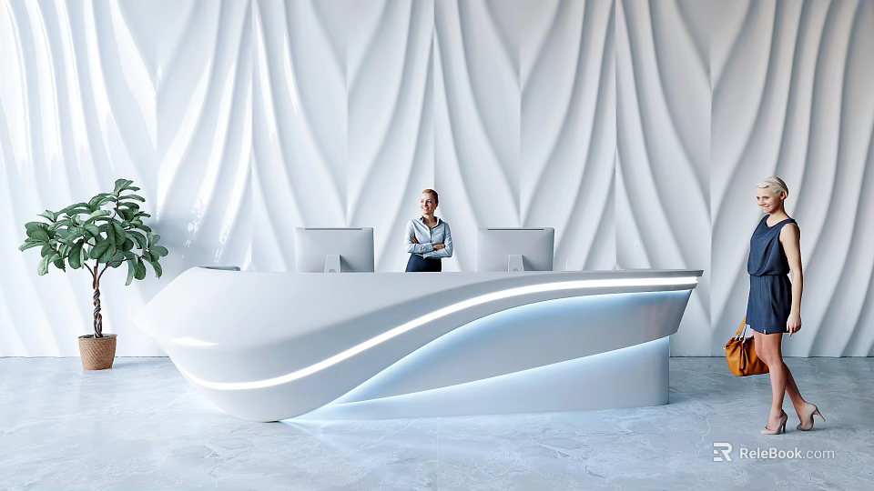 Modern White Reception Desk With LED Lighting And Wavy Wall Background And Potted Plant 3d model 