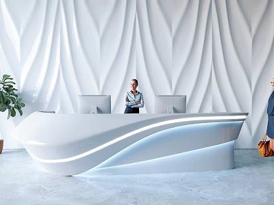 Modern White Reception Desk With LED Lighting And Wavy Wall Background And Potted Plant 3d model