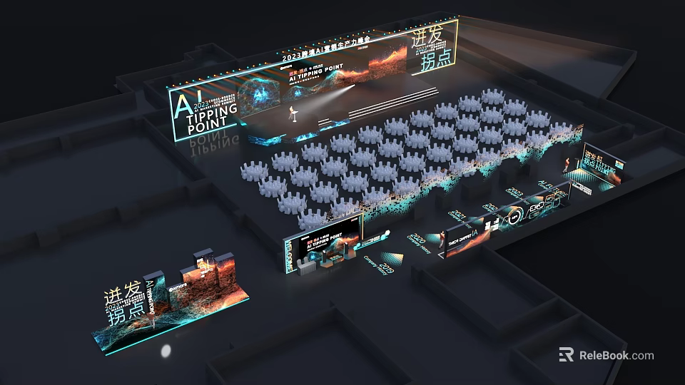 Event Venue Setup With Stage Arranged Chairs Projection Screens And Lighting Effects 3d model 