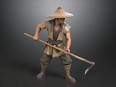 A Man In Traditional Clothing Wearing Straw Hat Holding Wooden Hoe 3d model