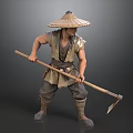 A Man In Traditional Clothing Wearing Straw Hat Holding Wooden Hoe