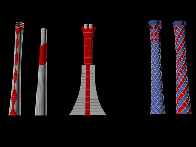 Colorful Designed Pipes in Red White Blue Featuring Striped and Geometric Patterns on Black Background 3d model