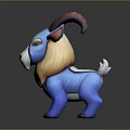 3D Blue Goat Model With Brown Horns Orange Mane White Markings Standing on Dark Background