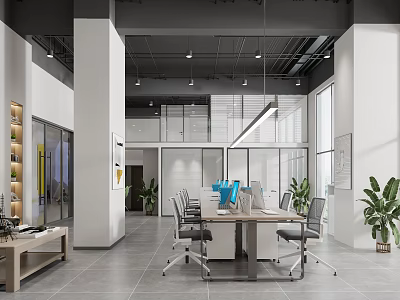 Modern Spacious Office Interior With Large Conference Table Ergonomic Chairs Glass Partitions And Green Plants 3d model