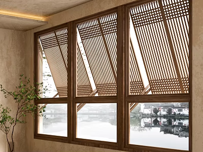 Wooden Lattice Window Design With Indoor Plant And Water Reflection View 3d model