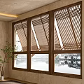 Wooden Lattice Window Design With Indoor Plant And Water Reflection View