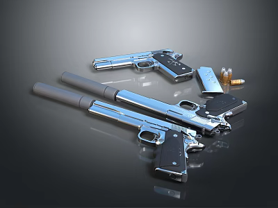 Silver Pistols And Handguns With Bullets And Magazines On Dark Surface 3d model