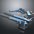 Silver Pistols And Handguns With Bullets And Magazines On Dark Surface