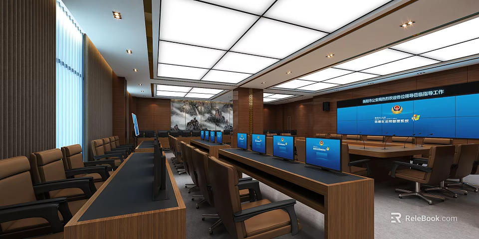 Modern Conference Room With Long Table Laptop Screens Wooden Walls And Landscape Painting 3d model 