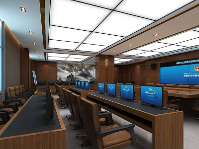 Modern Conference Room With Long Table Laptop Screens Wooden Walls And Landscape Painting 3d model