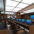 Modern Conference Room With Long Table Laptop Screens Wooden Walls And Landscape Painting
