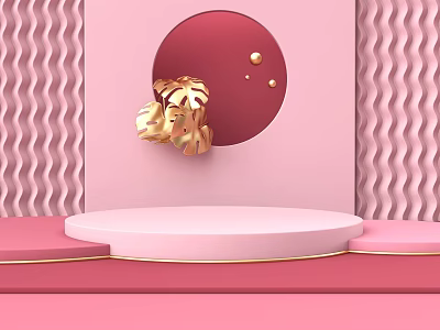 Display Shelves in Pink Theme with Golden Leaves Circular Decoration Wavy Background and White Platform 3d model