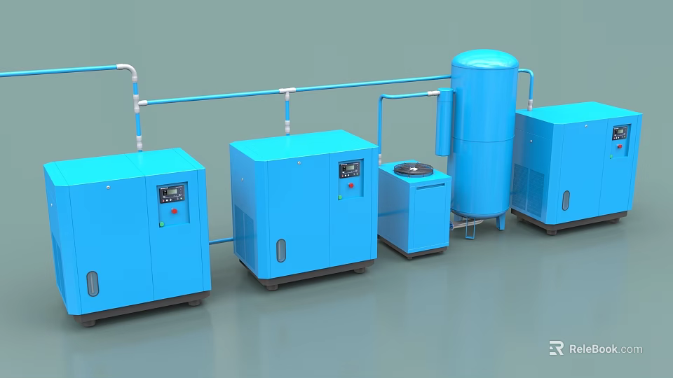 Blue Industrial Equipment System With Compressor Units Piping And Storage Tank 3d model 