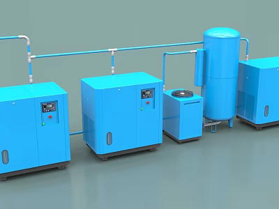 Blue Industrial Equipment System With Compressor Units Piping And Storage Tank 3d model