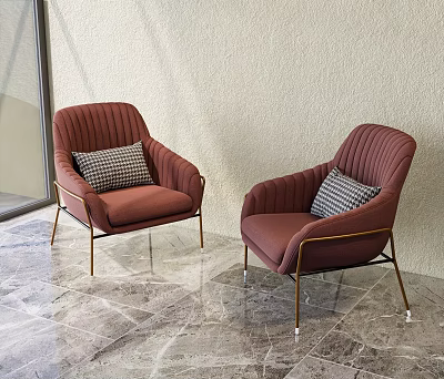 Burgundy Ribbed Accent Chairs With Gold Metal Legs And Plaid Cushions On Marble Floor 3d model