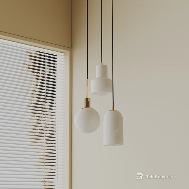 Modern Minimalist Interior With Three Hanging Pendant Lights Different Shapes White Shades 3d model 