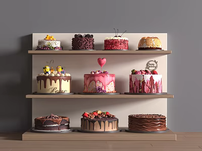 Various Decorated Cakes on Wooden Shelves with Fruit Chocolate and Cream Toppings 3d model