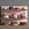Various Decorated Cakes on Wooden Shelves with Fruit Chocolate and Cream Toppings