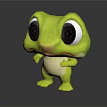 Animated Green Cute Game Movie Character With Big Eyes Standing White Belly