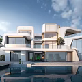 Modern Detached Villa With Large Glass Windows White Exterior Swimming Pool And Terrace
