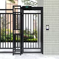 Black Metal Swing Door With Exterior Greenery And Building Wall Background