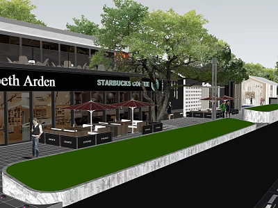 Modern Sales Office Building With Outdoor Seating Green Lawn And Trees 3d model