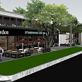 Modern Sales Office Building With Outdoor Seating Green Lawn And Trees
