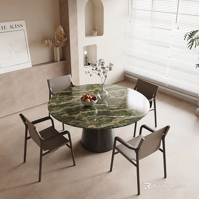 Round Green Marble Dining Table Set With Four Modern Gray Chairs And Natural Light 3d model 
