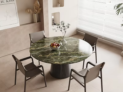Round Green Marble Dining Table Set With Four Modern Gray Chairs And Natural Light 3d model