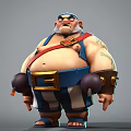 Muscular Game and Movie Character With Blue and White Striped Headscarf Red Suspenders and Tattoos