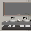 Modern Bathroom Vanity with Double Sinks Backlit Frameless Mirror and Storage Shelf Holding Towels