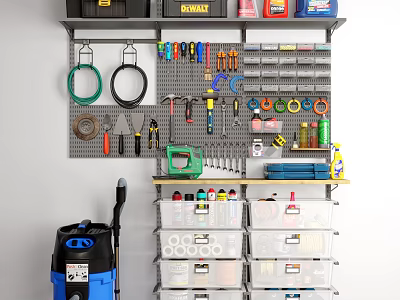 Organized Hardware Tools With Wall Mounted Pegboard Hooks And Storage Bins For Hand Tools 3d model