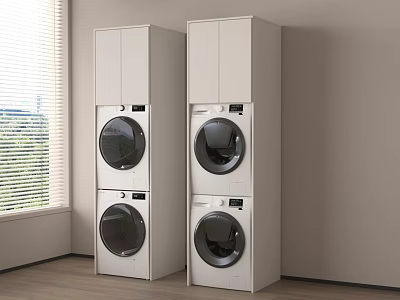 White Stackable Washing Machines In Modern Laundry Room Setup 3d model
