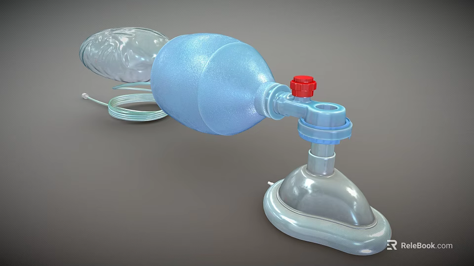 Blue Manual Resuscitation Bag With Transparent Mask Red Valve Knob And Connecting Tube 3d model 