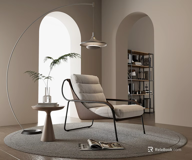 Modern Beige Fabric Lounge Chair With Black Metal Frame Rug Side Table Pendant Light 3d model 