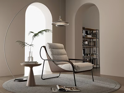 Modern Beige Fabric Lounge Chair With Black Metal Frame Rug Side Table Pendant Light 3d model