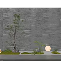 Courtyard Garden Design With Stone Wall Wall Lamps Small Tree Grass And Round Light Fixtures