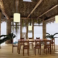 Rustic Thatch Roof Canopy with Wooden Columns Tables Chairs and Decorative Plants for Outdoor Lounge