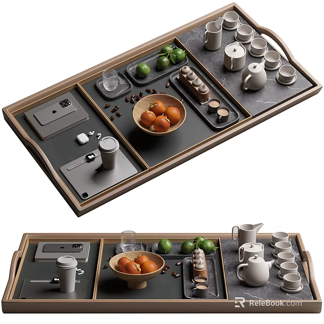 Elegant Tea Set Arrangement With Wooden Tray Oranges Limes And Cups 3d model 