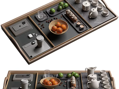 Elegant Tea Set Arrangement With Wooden Tray Oranges Limes And Cups 3d model