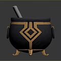 Black Cauldron With Golden Decoration Red Liquid Inside White Stirring Tool And Golden Legs