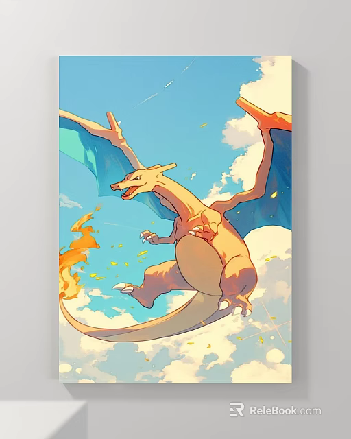 Vibrant Animal Painting of Flying Dragon with Flames in Blue Sky and White Clouds 3d model 